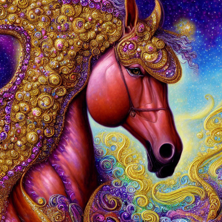 Colorful Horse Illustration with Golden Embellishments and Starry Background