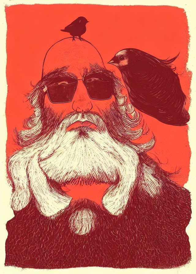 Illustrated portrait of bearded old man with birds on head and shoulder against red background