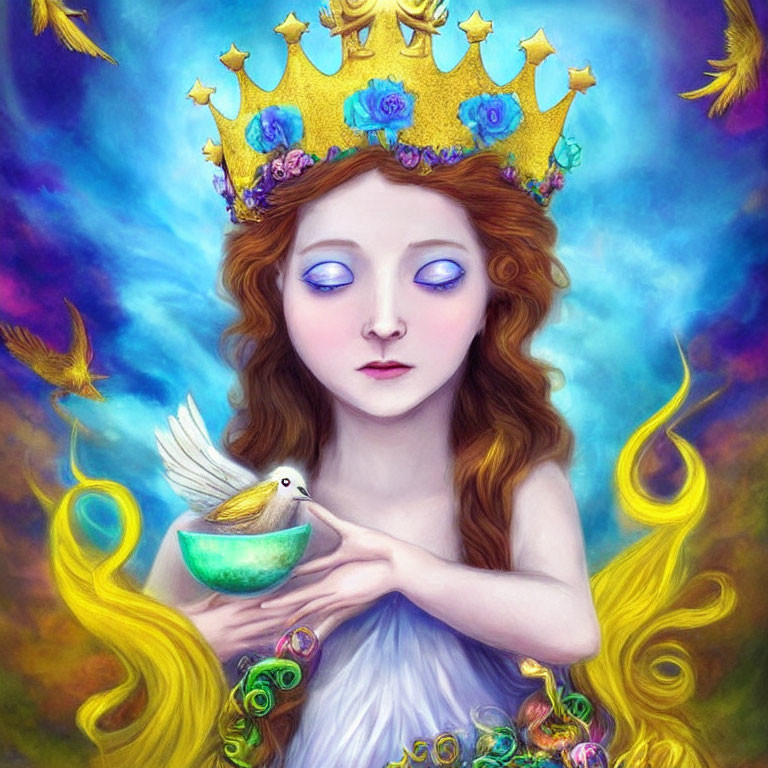 Fairytale-inspired girl with golden crown and blue roses, holding white bird in bowl, yellow hair