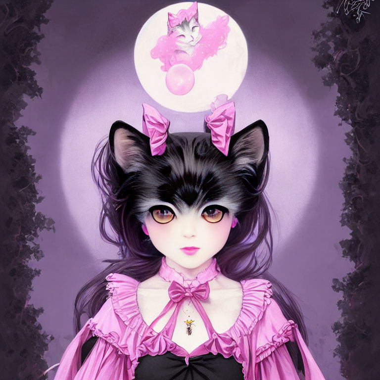 Illustration of girl with black cat features, violet eyes, pink frilly dress.