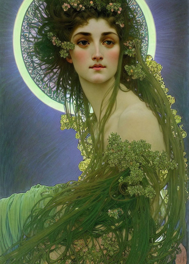 Portrait of a woman with green hair and flowers in a halo, under moonlight