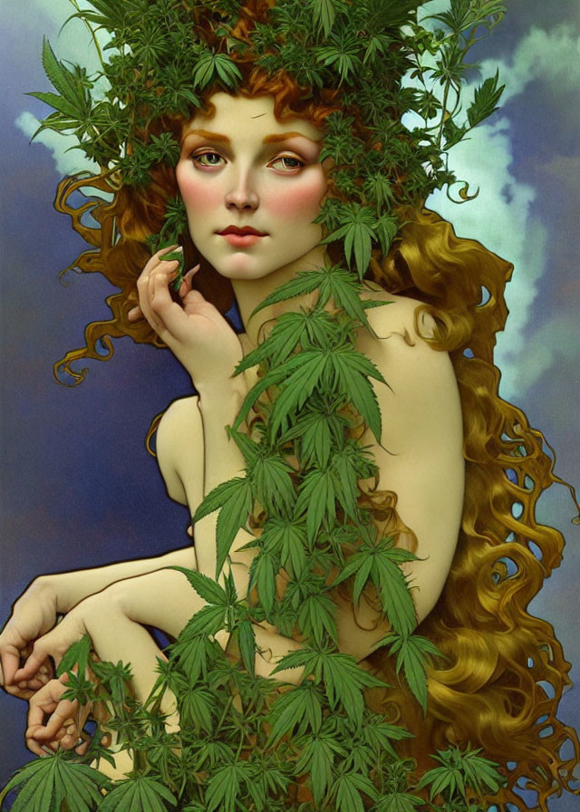 Serene woman with cannabis crown and foliage against sky backdrop