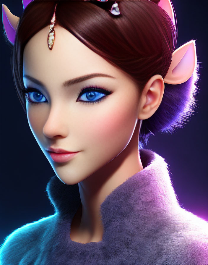 Fantasy character with pointed ears, blue eyes, fur collar, and jewel headpiece
