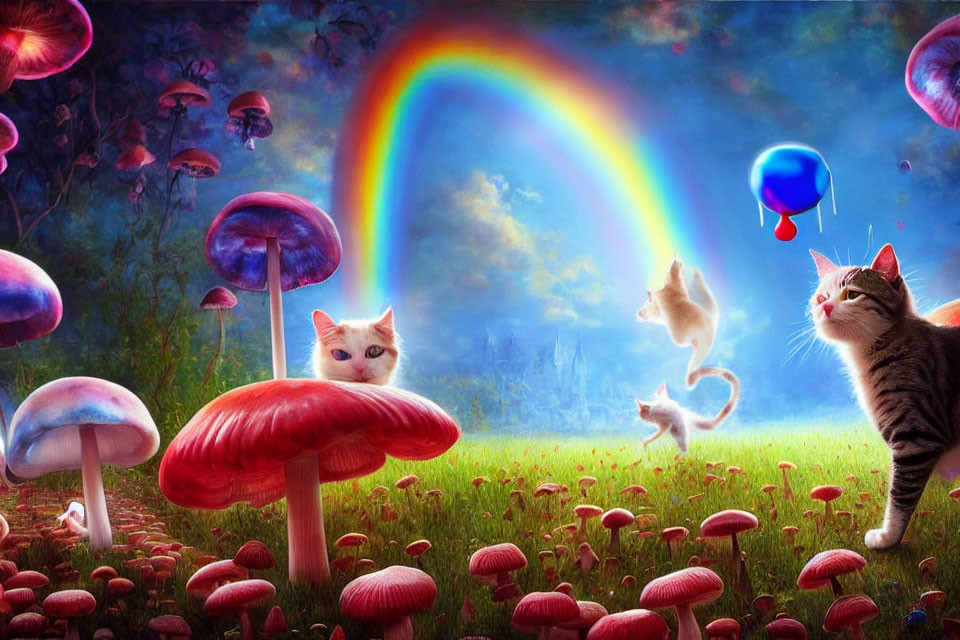 Colorful cats playing among oversized mushrooms under a rainbow in surreal landscape.