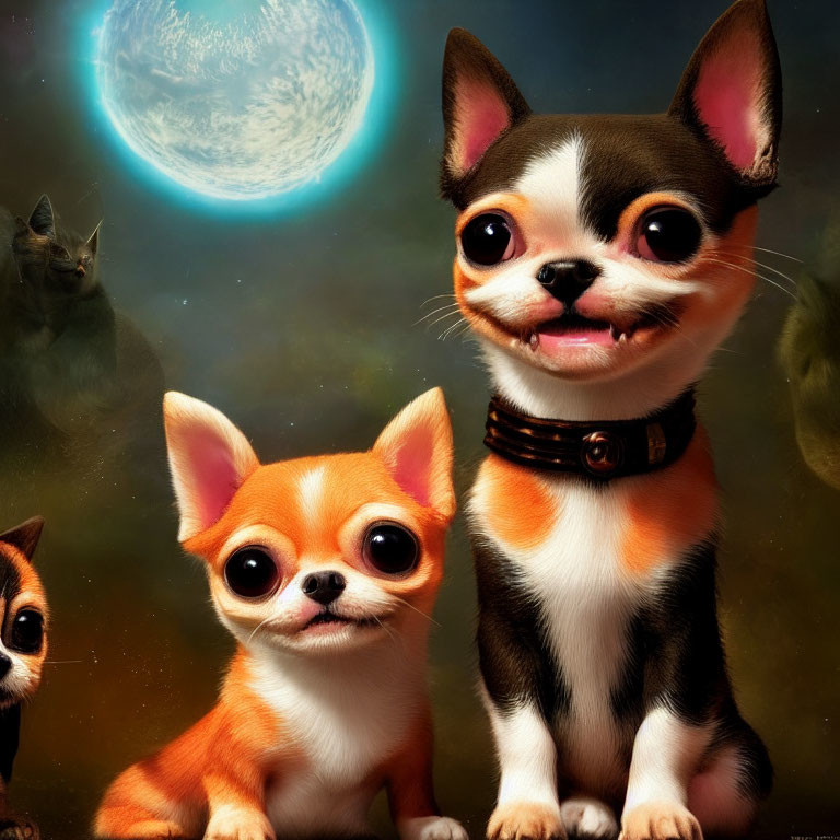 Cartoon Dogs with Oversized Eyes, Chihuahua-Like, Moon & Cat Silhou