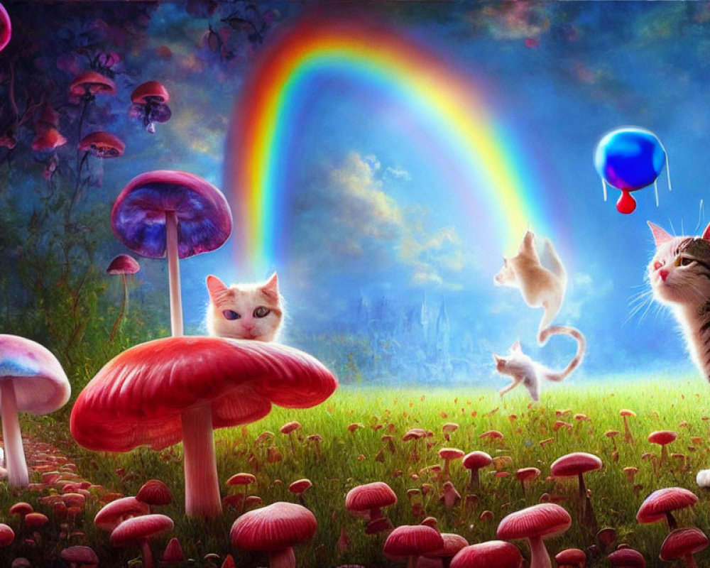 Colorful cats playing among oversized mushrooms under a rainbow in surreal landscape.