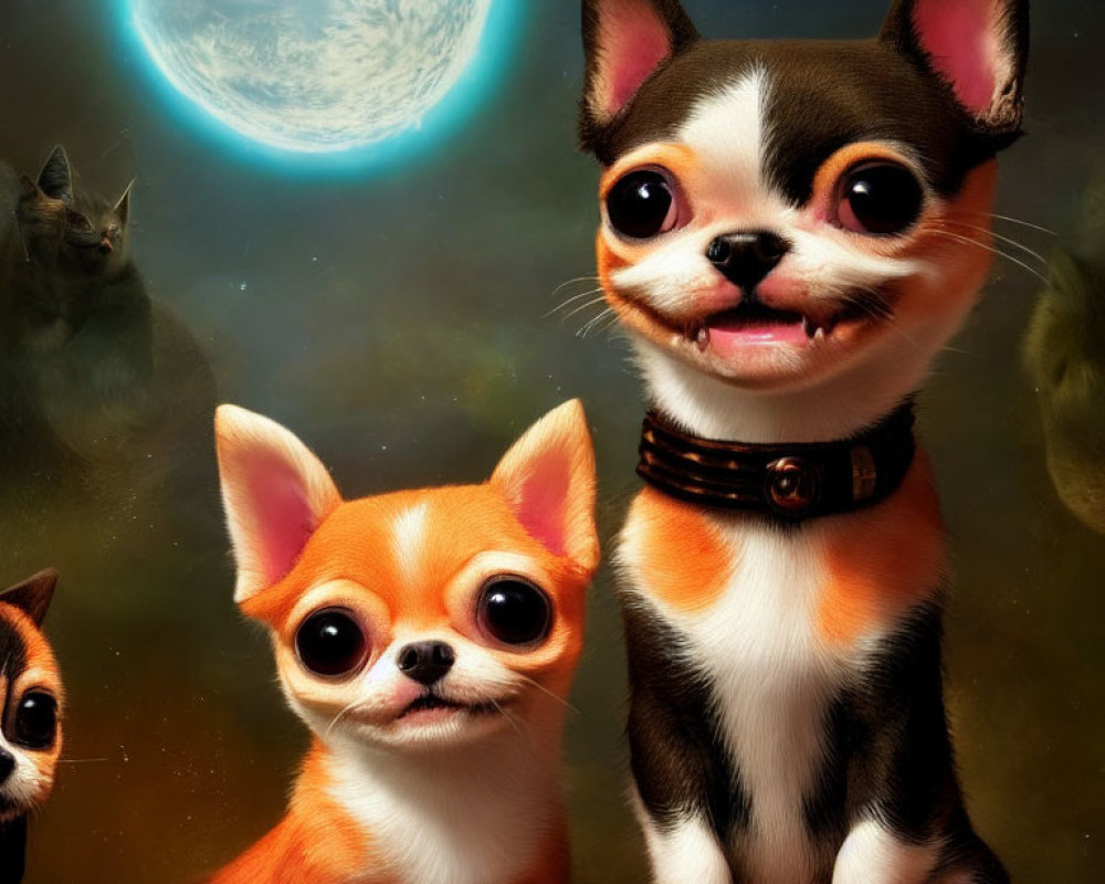 Cartoon Dogs with Oversized Eyes, Chihuahua-Like, Moon & Cat Silhou