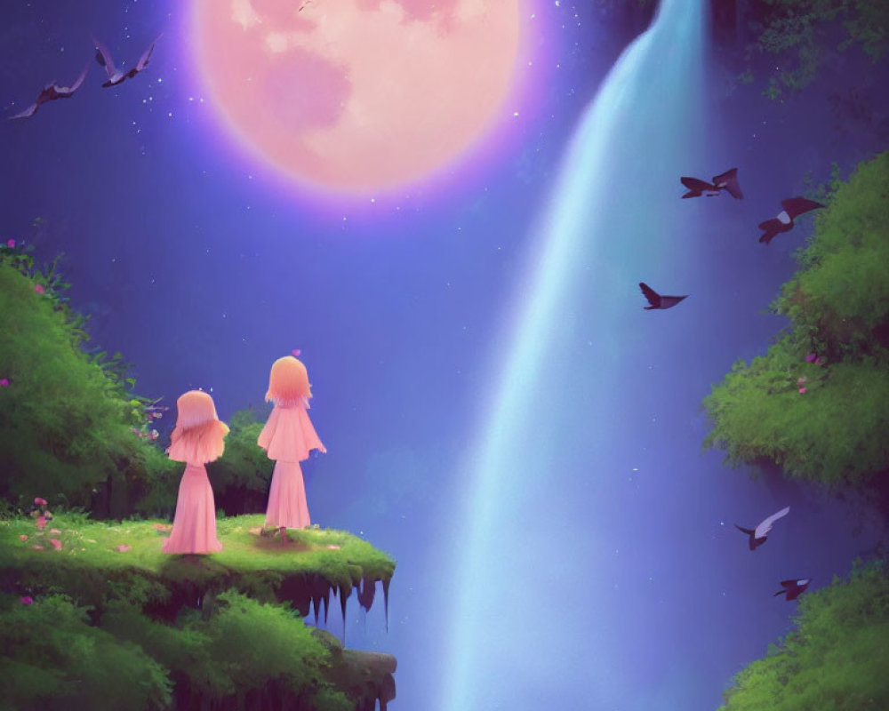 Pink figures on cliff under pink moon with waterfall and twilight sky