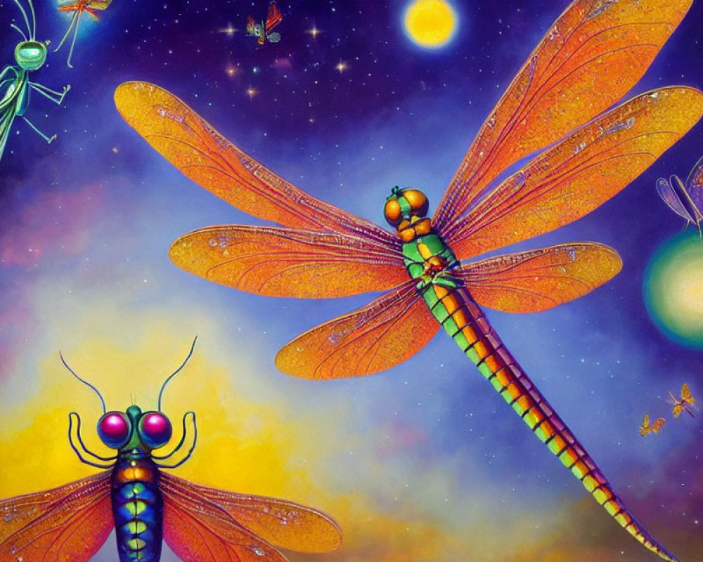 Colorful dragonfly illustration in cosmic setting