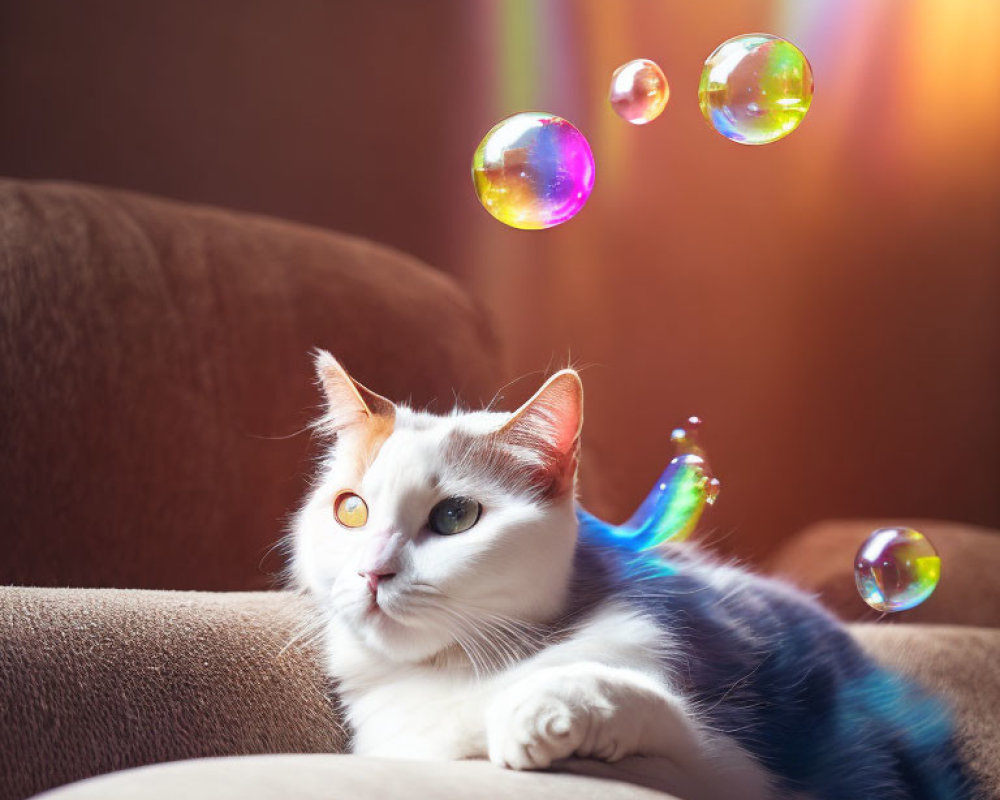 White cat with brown and black patches on beige sofa watching colorful soap bubbles in sunlit room