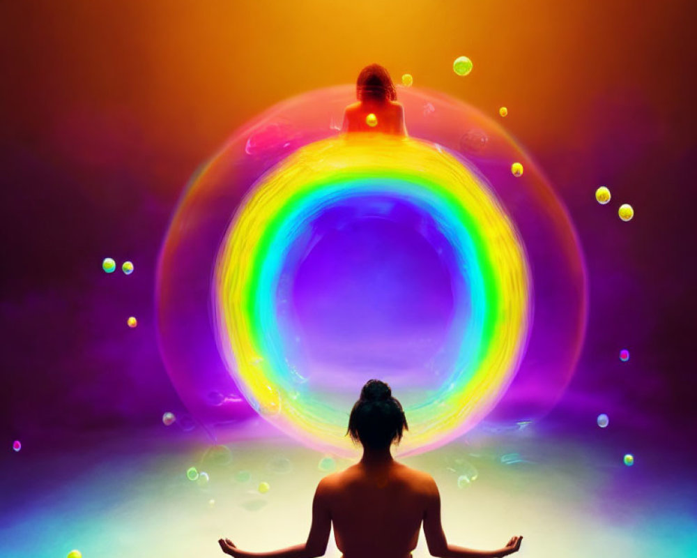 Person meditates in lotus position with multicolored glowing bubble backdrop