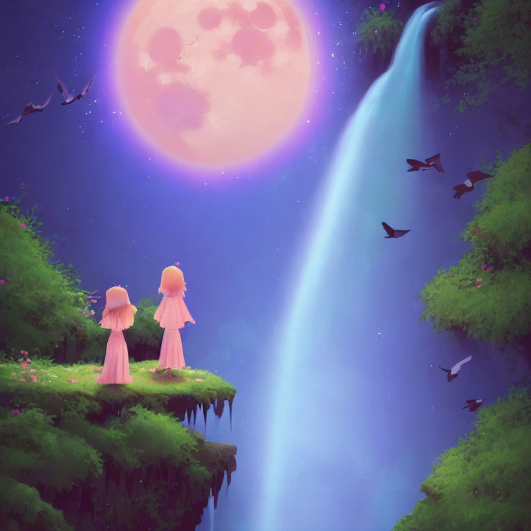 Pink figures on cliff under pink moon with waterfall and twilight sky