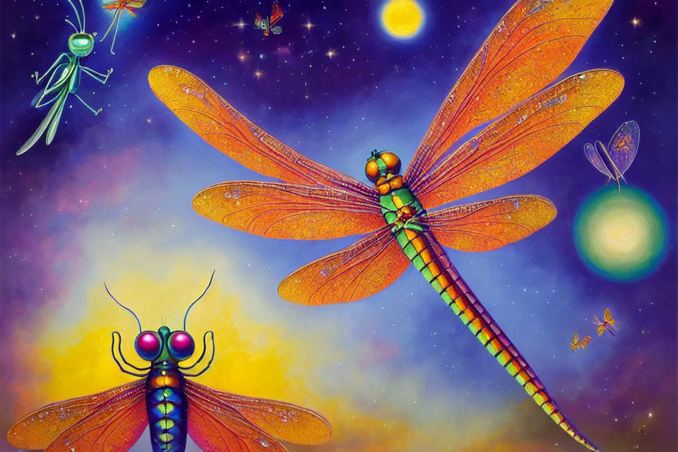Colorful dragonfly illustration in cosmic setting