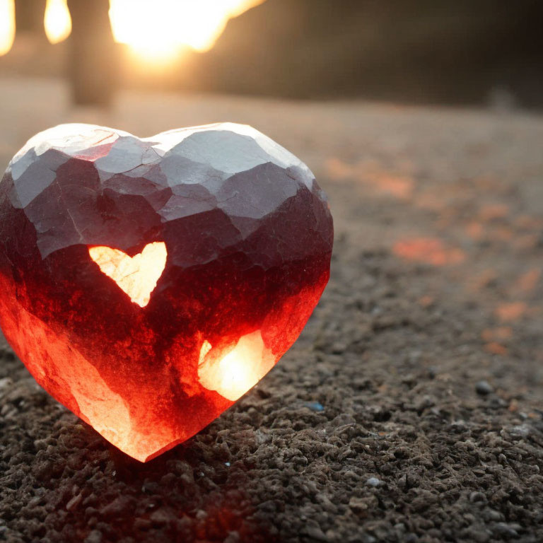 Faceted glowing heart shape on rough surface at sunset