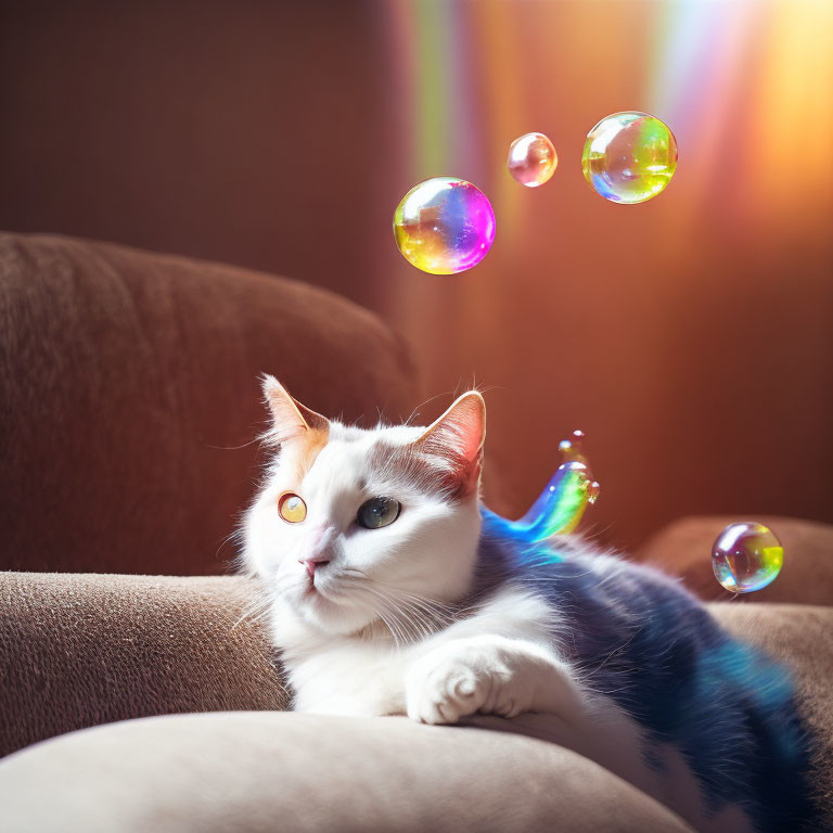 White cat with brown and black patches on beige sofa watching colorful soap bubbles in sunlit room