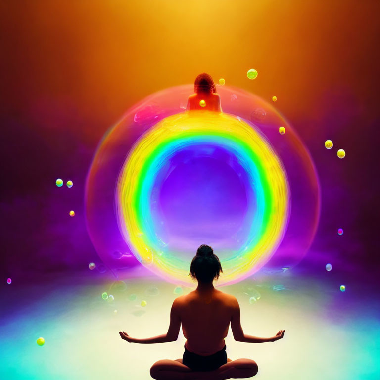 Person meditates in lotus position with multicolored glowing bubble backdrop