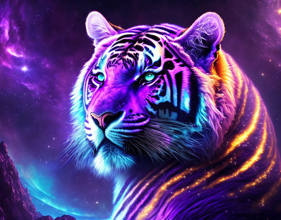 Colorful neon tiger art on cosmic backdrop