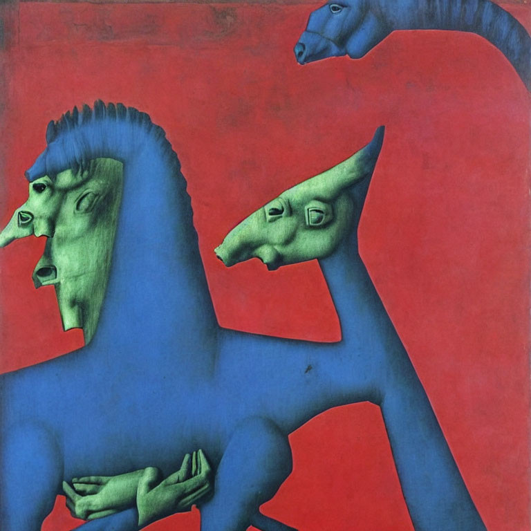 Surreal painting: Three blue horse heads with human faces on red background