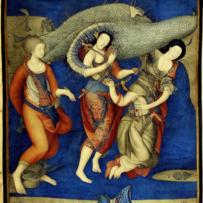 Renaissance women in Pisces and Capricorn zodiac attire on deep blue backdrop