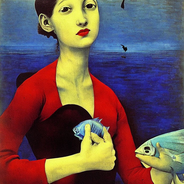 Portrait of Woman Holding Fish with Blue Background and Bird