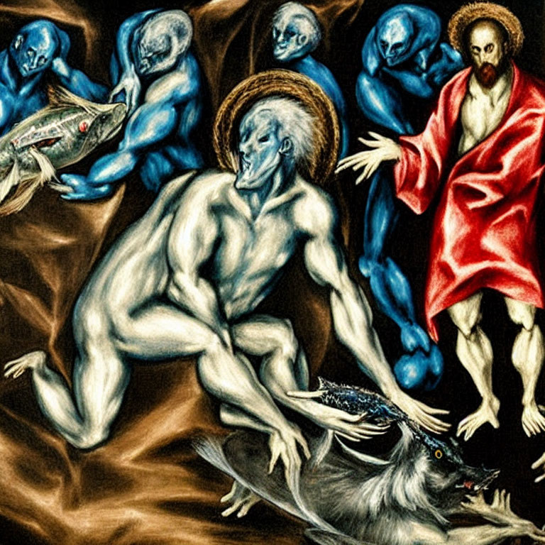 Colorful artwork of muscular blue figures with fish, encircling central red figure.