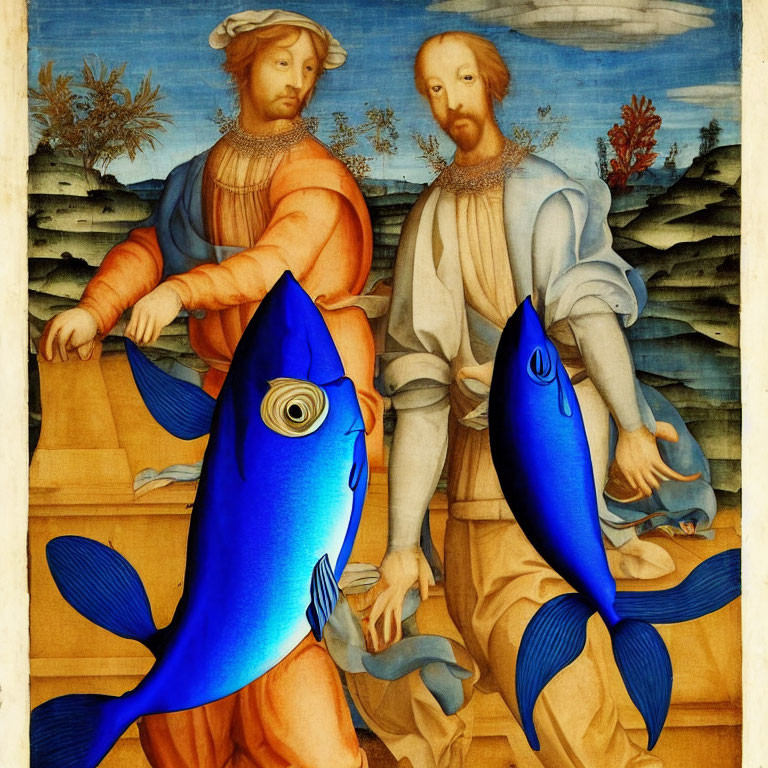 Digitally altered Renaissance painting with men holding colorful fish