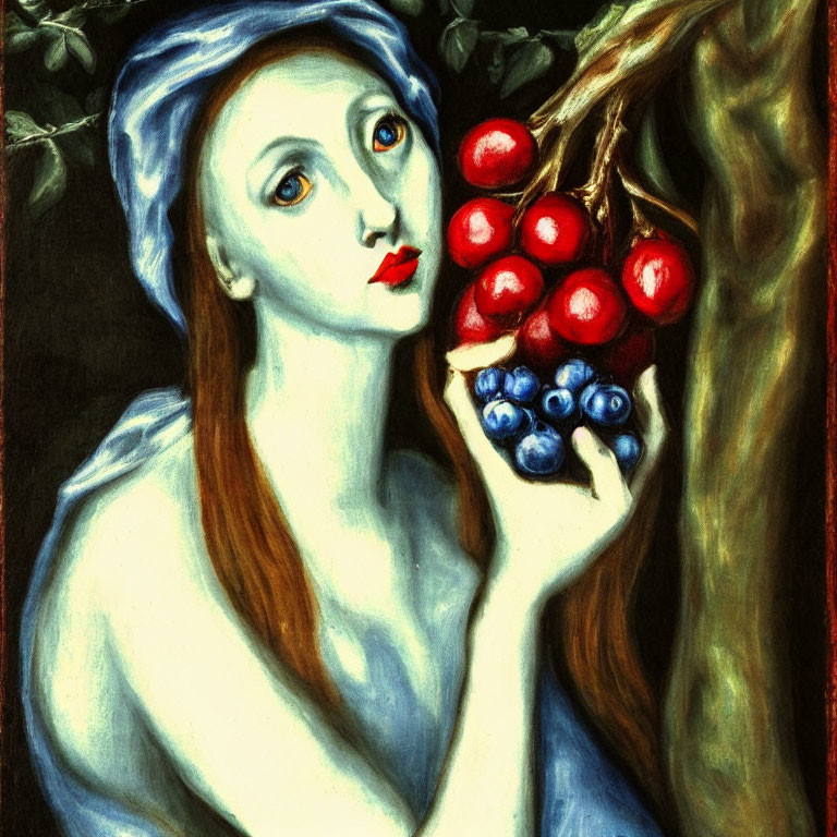 Portrait of Woman with Blue Headscarf and Berries on Branch, Dark Background