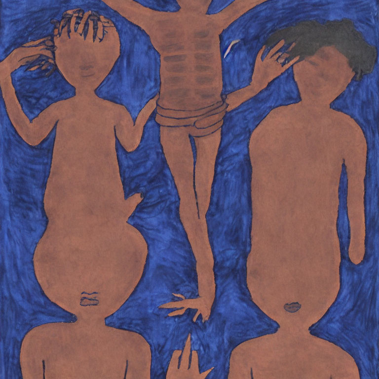 Stylized drawing of three figures with exaggerated limbs on blue background