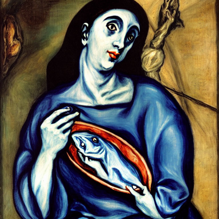 Vibrant painting of woman with fish on platter in blue garment