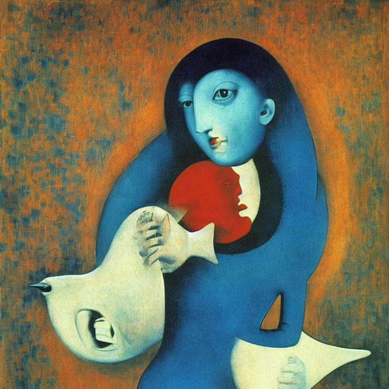 Stylized blue female figure holding white dove on orange background