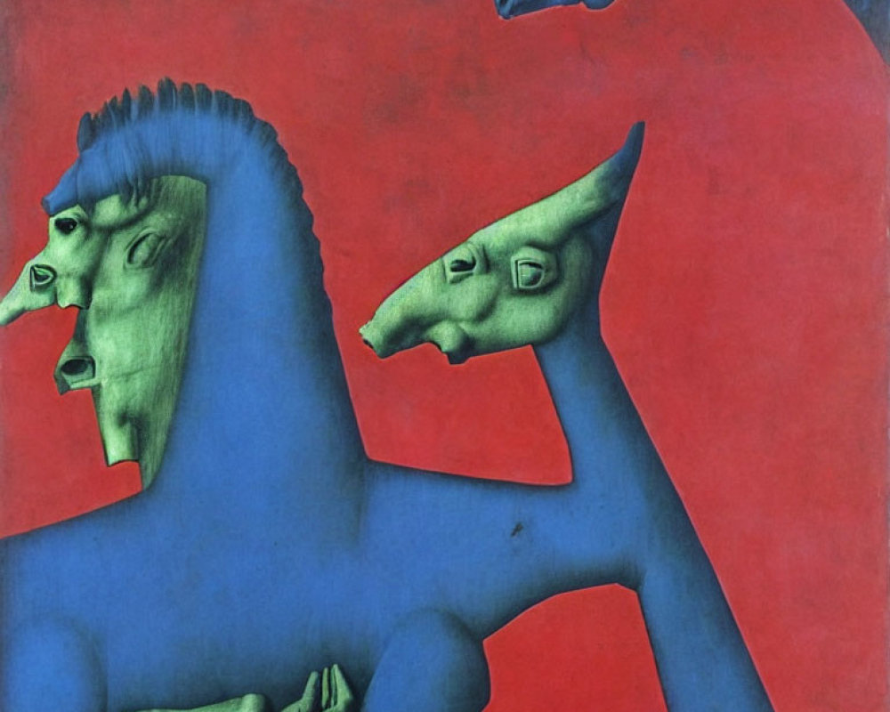 Surreal painting: Three blue horse heads with human faces on red background