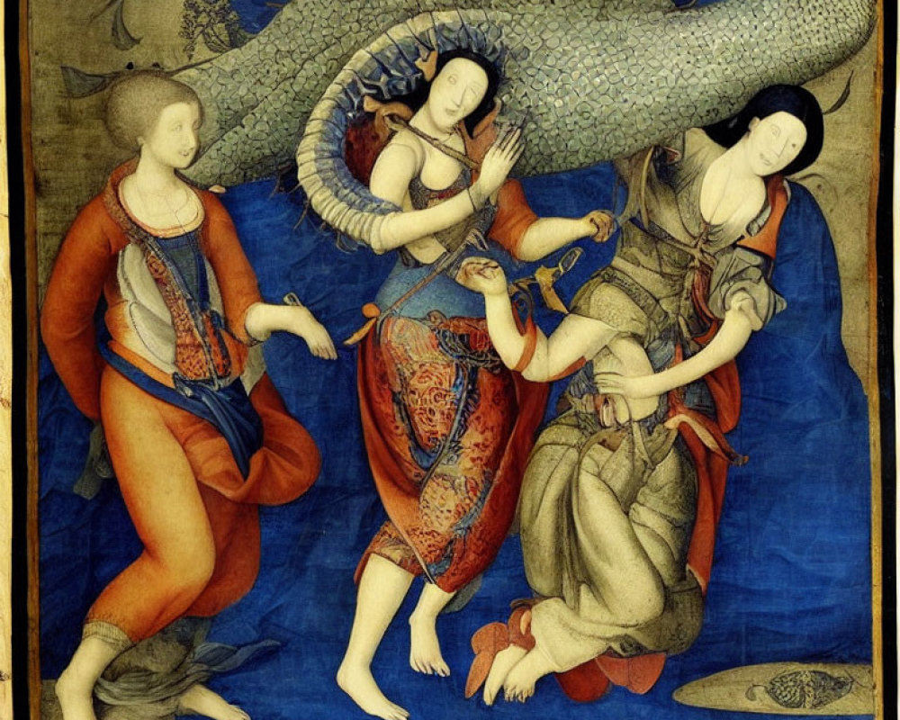 Renaissance women in Pisces and Capricorn zodiac attire on deep blue backdrop