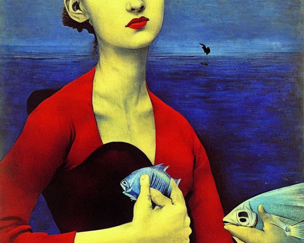 Portrait of Woman Holding Fish with Blue Background and Bird