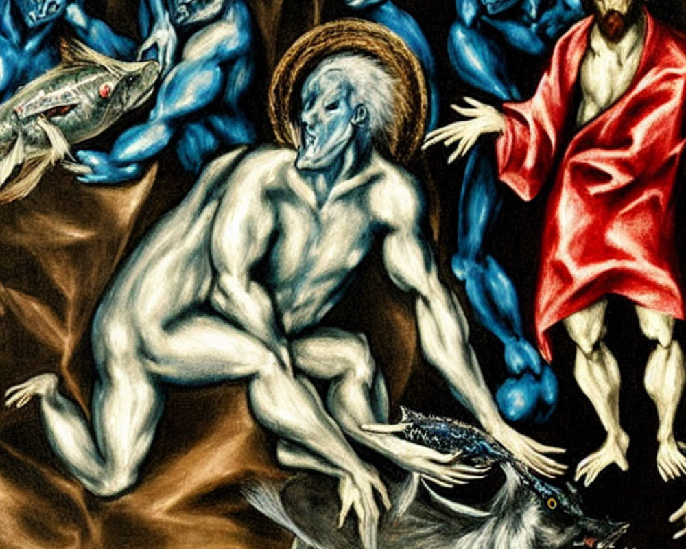 Colorful artwork of muscular blue figures with fish, encircling central red figure.