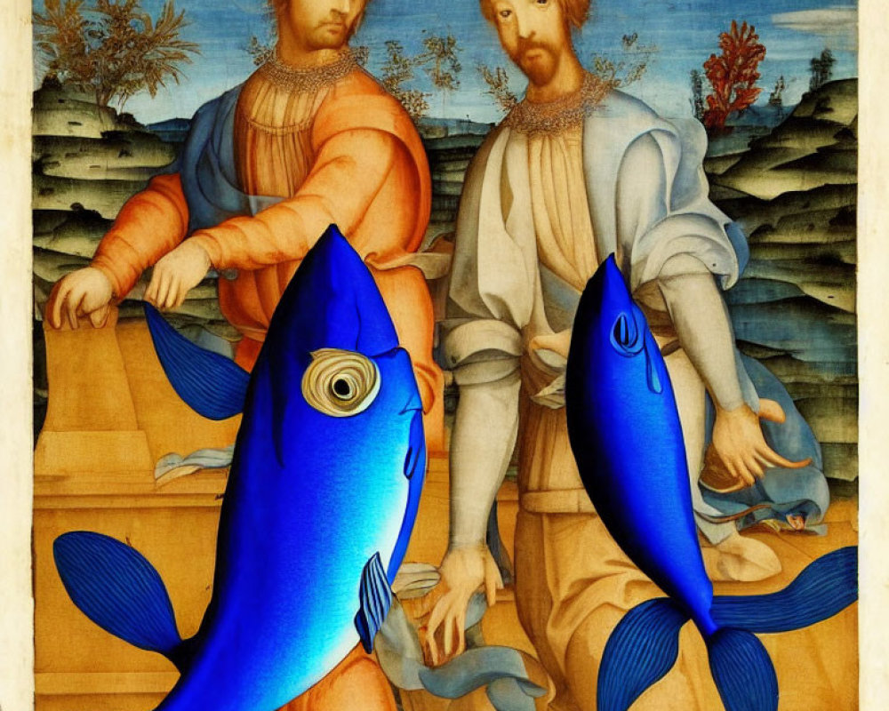 Digitally altered Renaissance painting with men holding colorful fish