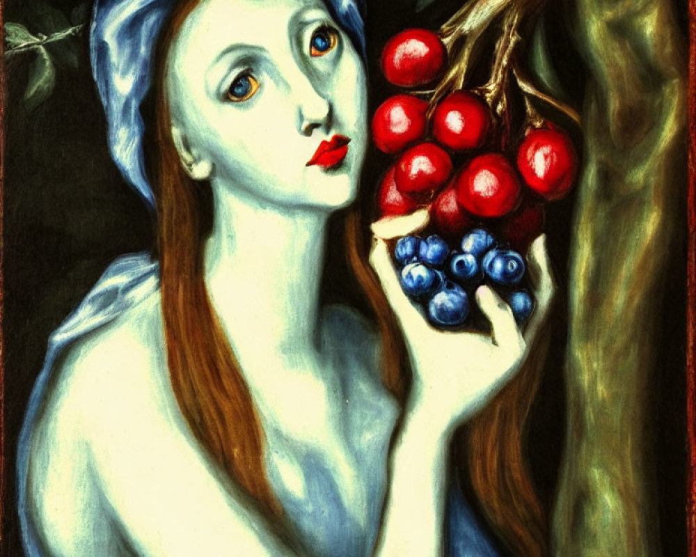 Portrait of Woman with Blue Headscarf and Berries on Branch, Dark Background