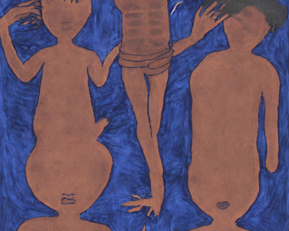 Stylized drawing of three figures with exaggerated limbs on blue background