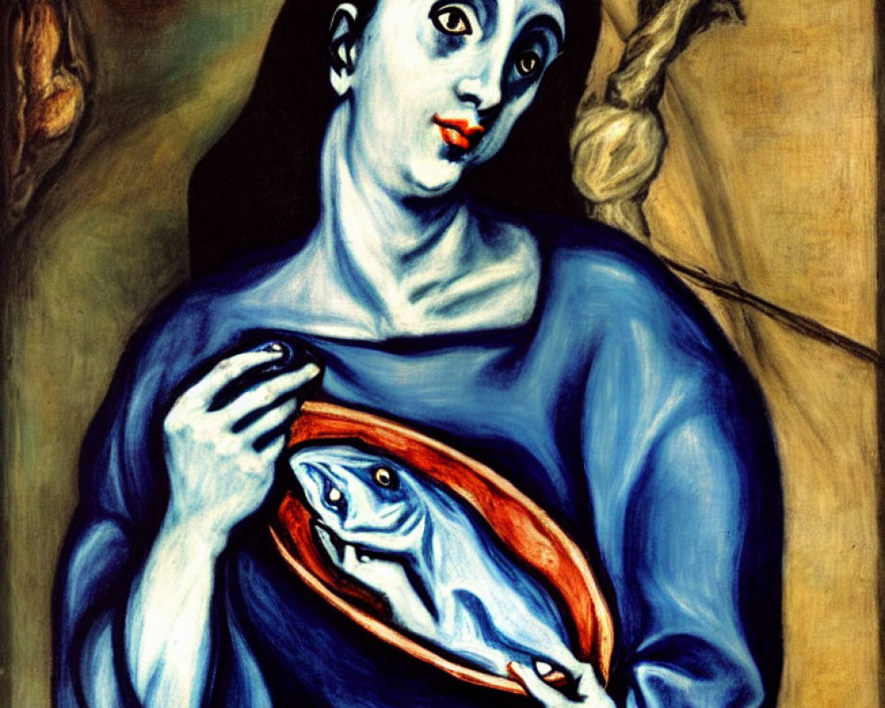 Vibrant painting of woman with fish on platter in blue garment