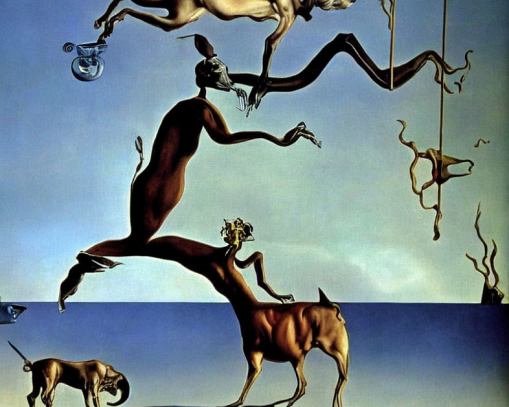 Surreal Human and Animal Figures in Distorted Forms on Blue Sky Background