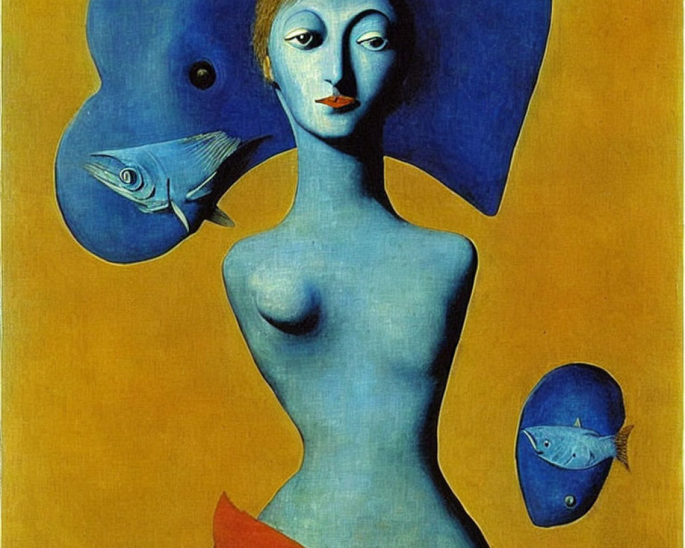 Surrealist painting with blue-haired woman, fish, and blue-faced figure on mustard yellow background