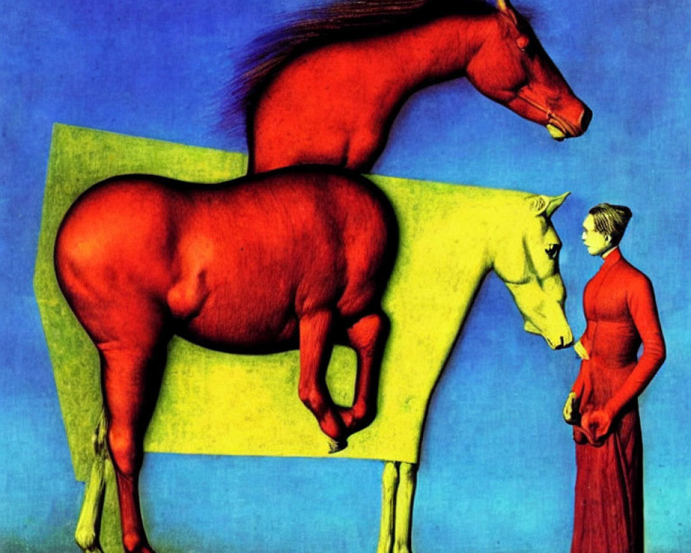 Surreal artwork of woman and horse on blue background