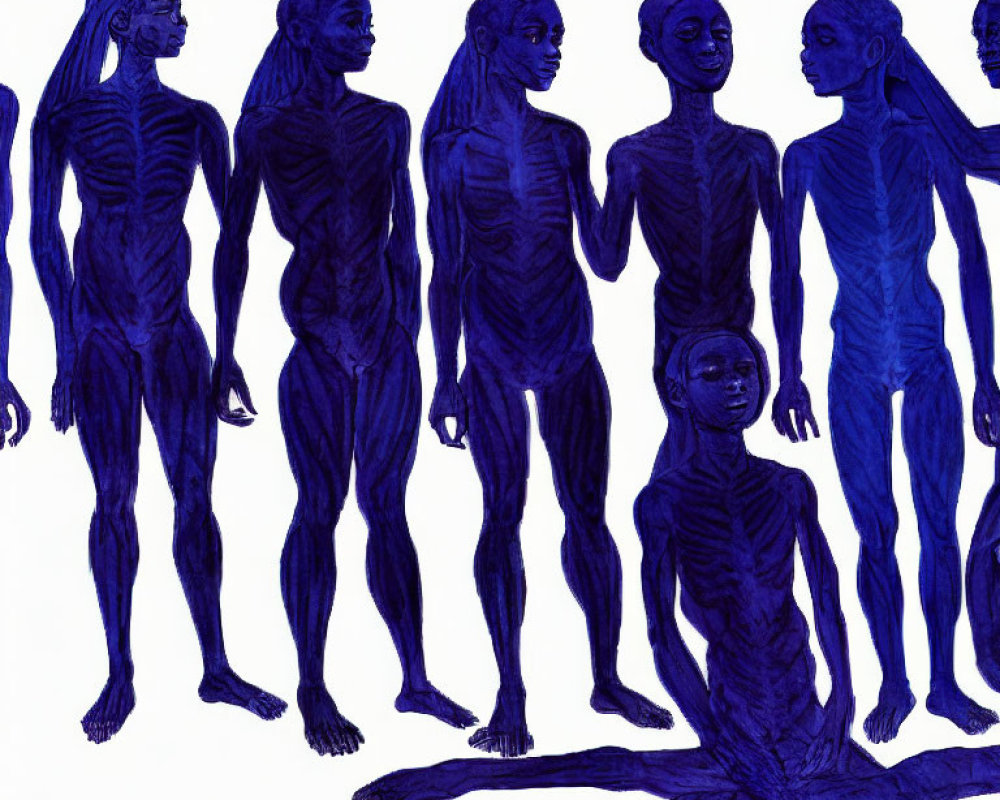 Blue Stylized Human Figures in Various Poses with Musculature