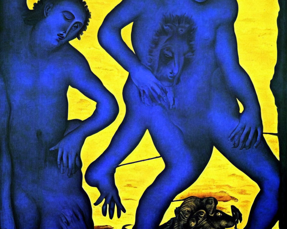 Vivid Blue and Yellow Painting of Stylized Nude Figures