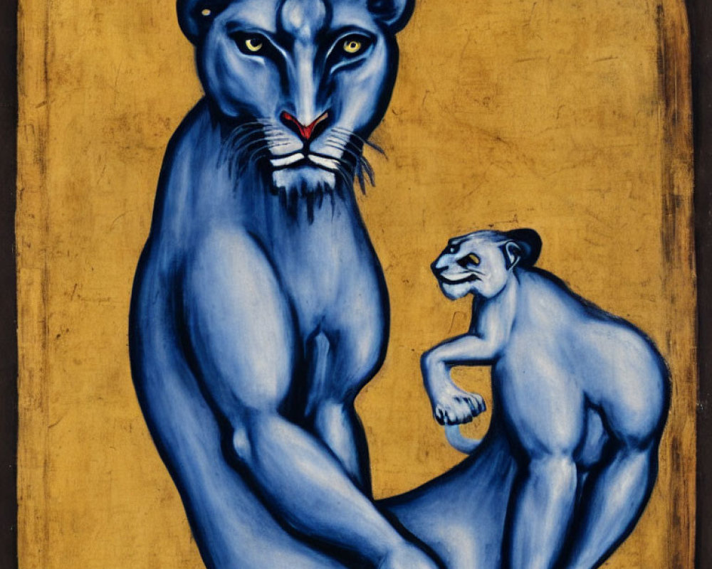 Blue lions painting featuring large human-like posture and smaller lion on yellow background