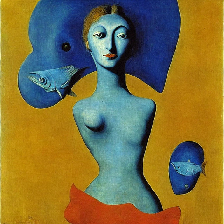 Surrealist painting with blue-haired woman, fish, and blue-faced figure on mustard yellow background