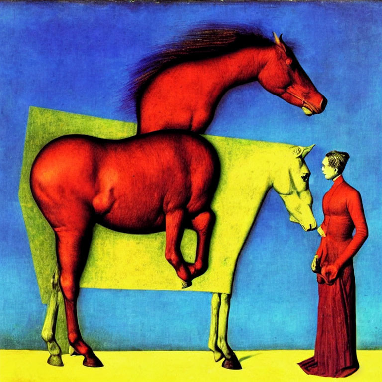 Surreal artwork of woman and horse on blue background