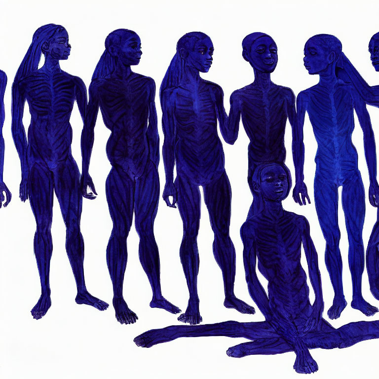 Blue Stylized Human Figures in Various Poses with Musculature