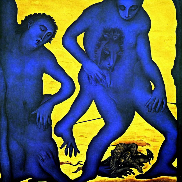 Vivid Blue and Yellow Painting of Stylized Nude Figures