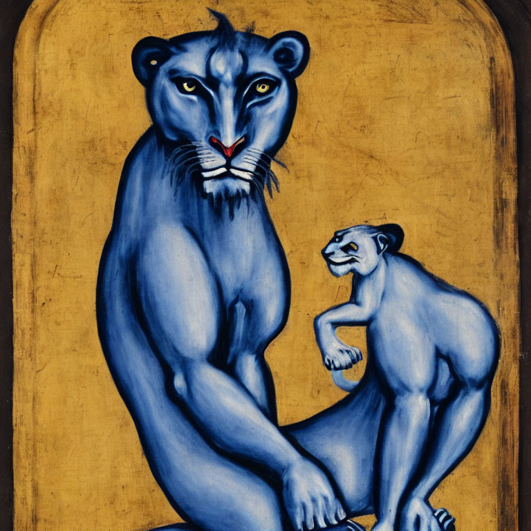 Blue lions painting featuring large human-like posture and smaller lion on yellow background