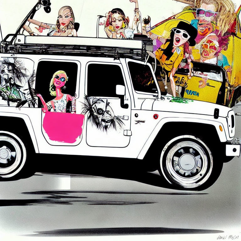 Colorful animated characters in a white jeep with surfboards and luggage, on a beach road trip